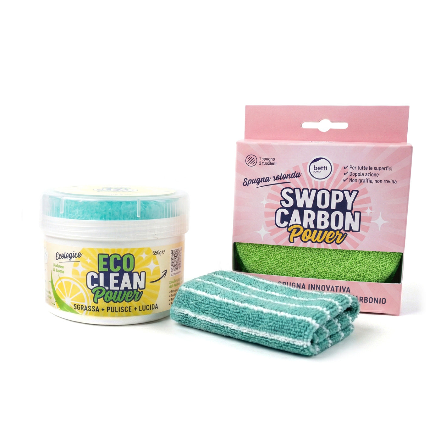 KIT completo ECO CLEAN Power 850g, spugna doppio lato + panno in bambù