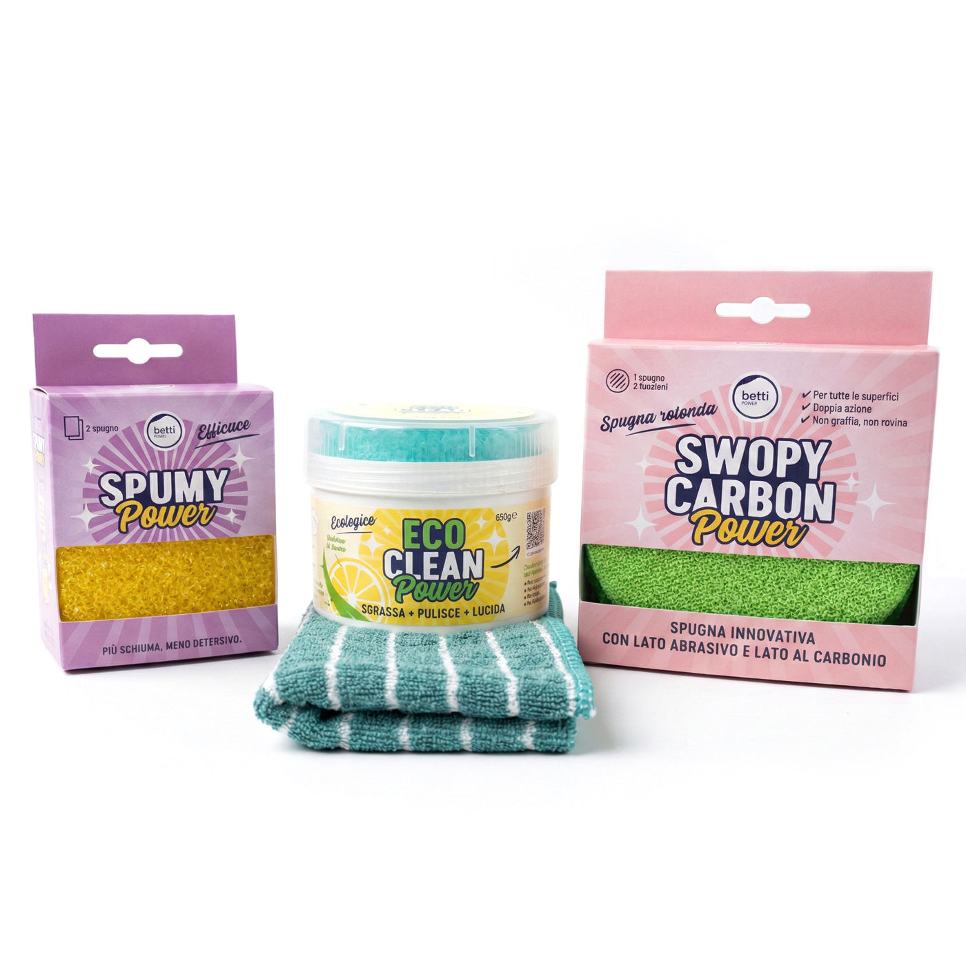 KIT Cucina e Bagno: ECO CLEAN Power 850g, PANNO BAMBOOM, SWOBY e SPUMY Power