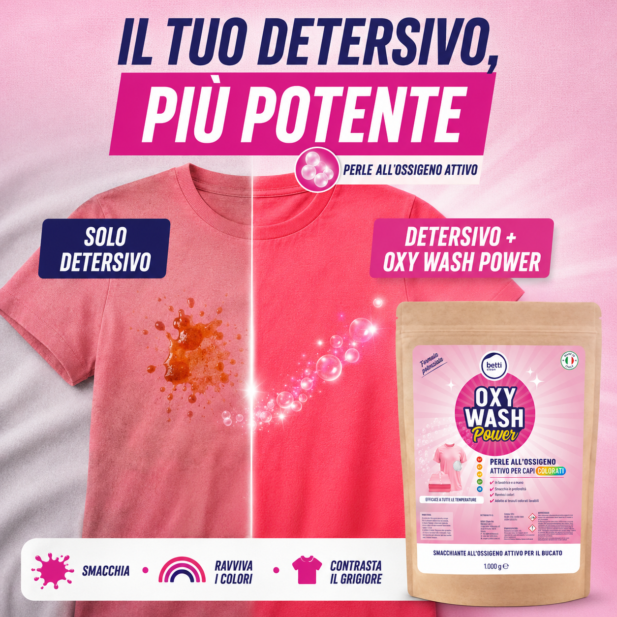 OXY WASH Power Colorati – Additivo smacchiante all’ossigeno attivo per un bucato pulito e brillante
