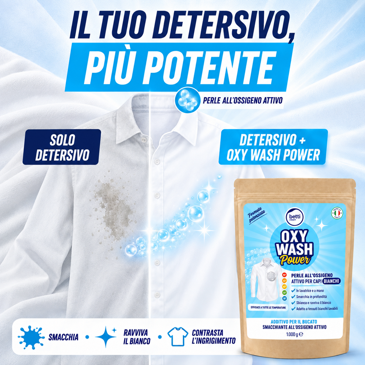 OXY WASH Power per capi bianchi – Additivo smacchiante all’ossigeno attivo per un bucato pulito e brillante