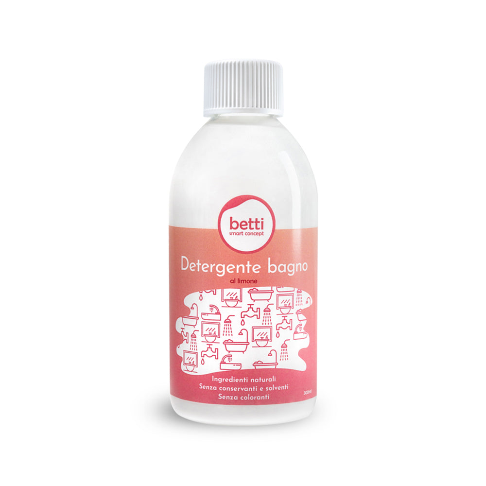 bottiglia di detergente bagno bianco con etichetta rossa, illustrazioni di bagno, testo bianco
